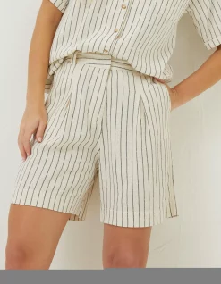 FatFace Linen Stripe Shorts Cream New