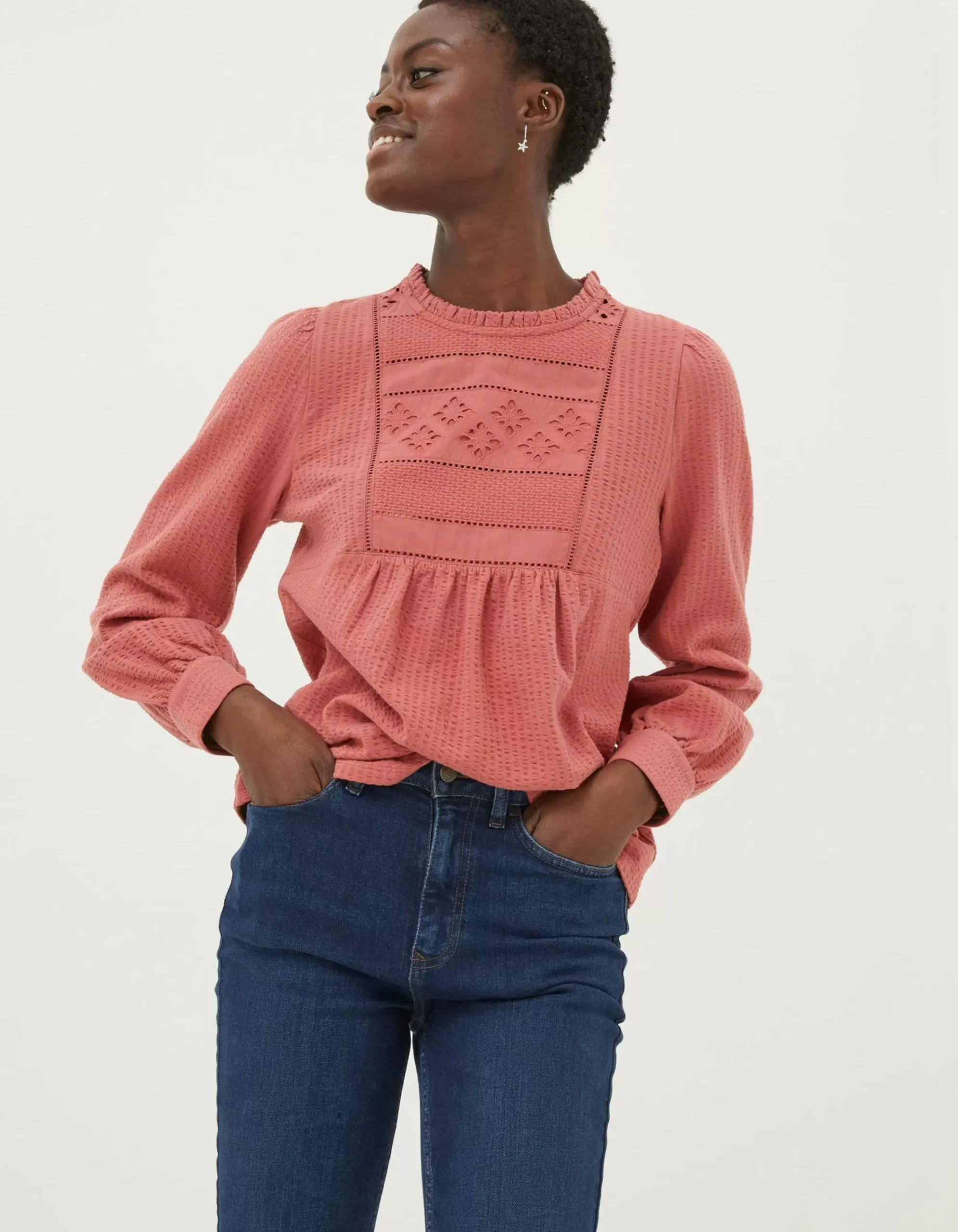 FatFace Liza Broderie Top Washed Red Online