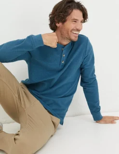 FatFace Long Sleeve Kintbury Henley Teal Blue Hot