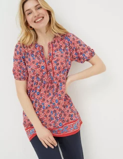 FatFace Lou Woodblock Meadow Tunic Top Tomato Red Hot