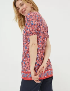 FatFace Lou Woodblock Meadow Tunic Top Tomato Red Hot