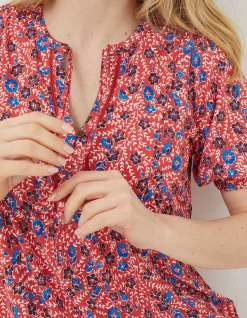 FatFace Lou Woodblock Meadow Tunic Top Tomato Red Hot