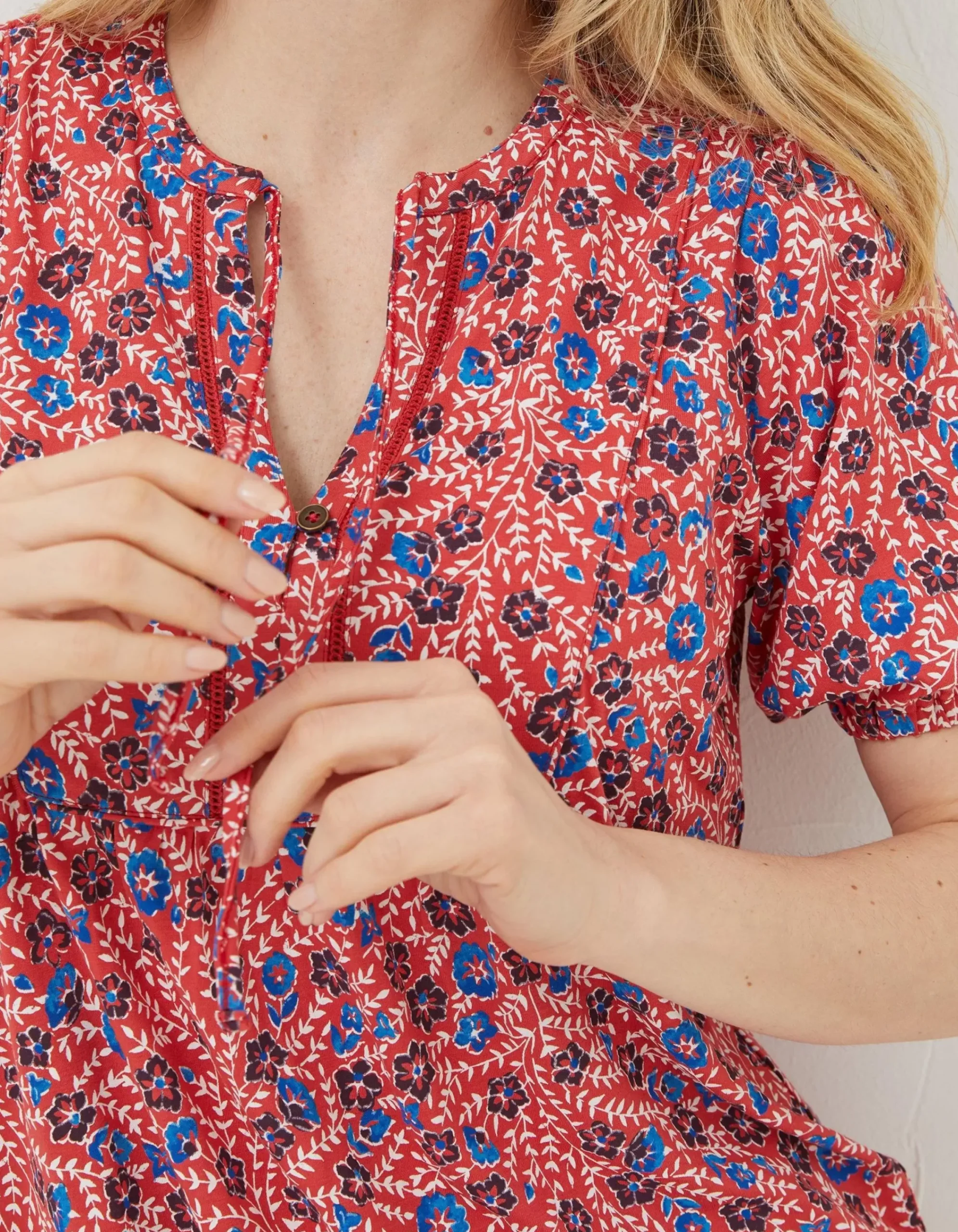 FatFace Lou Woodblock Meadow Tunic Top Tomato Red Hot