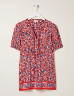 FatFace Lou Woodblock Meadow Tunic Top Tomato Red Hot