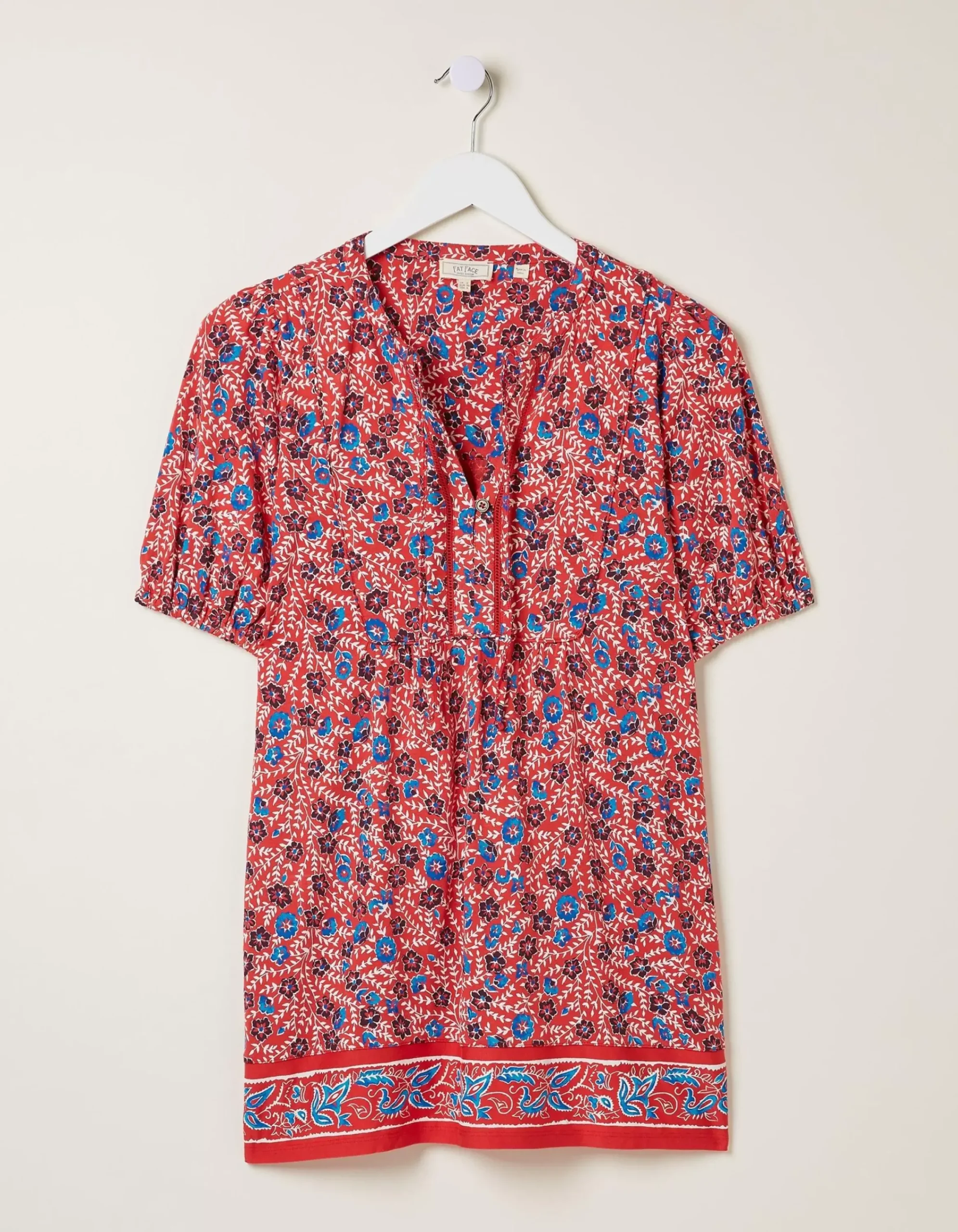 FatFace Lou Woodblock Meadow Tunic Top Tomato Red Hot