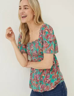 FatFace Lucia Festival Floral Top Teal Green New