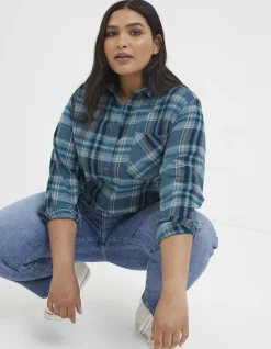 FatFace Olivia Check Shirt Teal Green Outlet