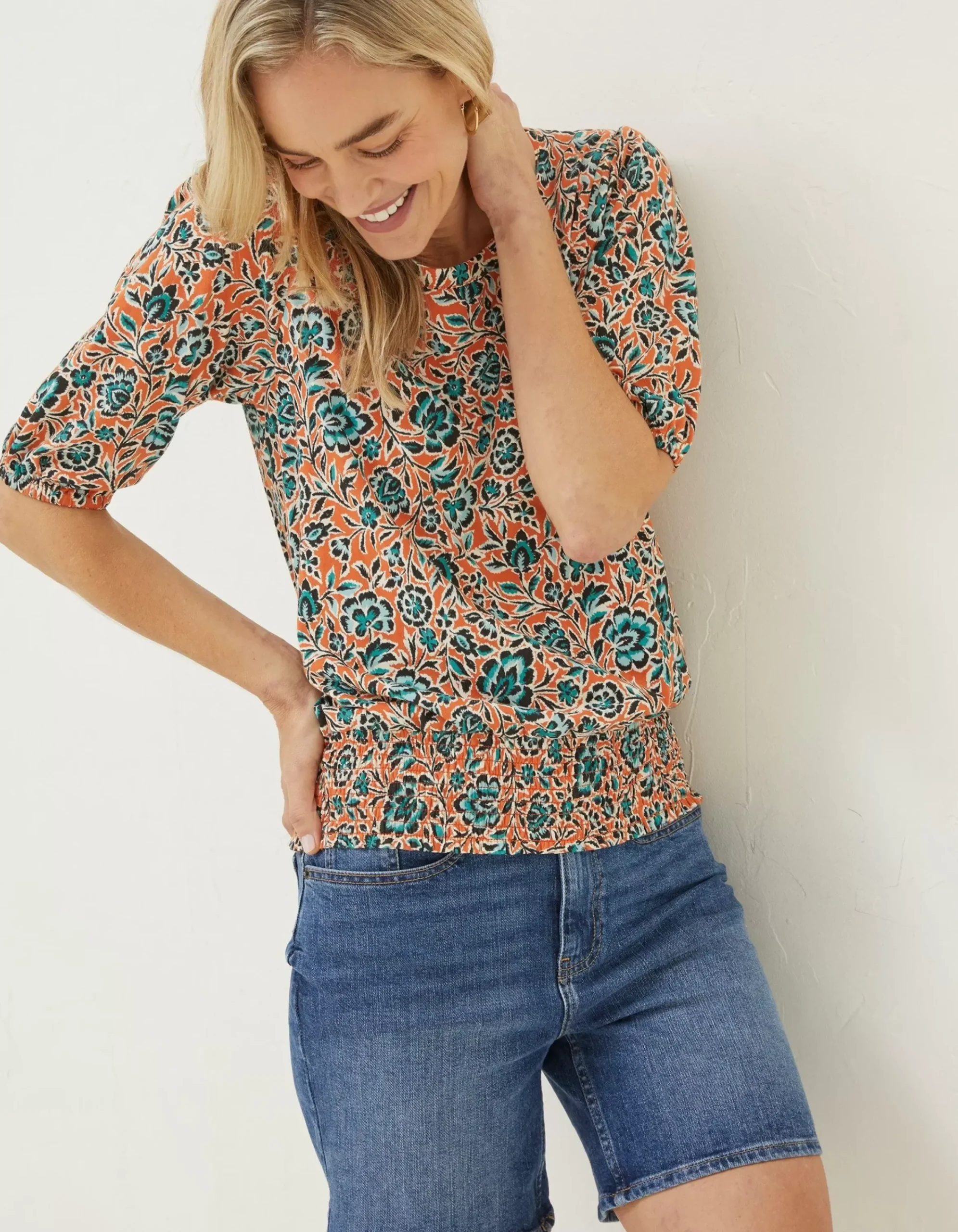 FatFace Perrie Sketch Floral Top Orange Outlet