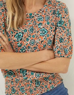 FatFace Perrie Sketch Floral Top Orange Outlet