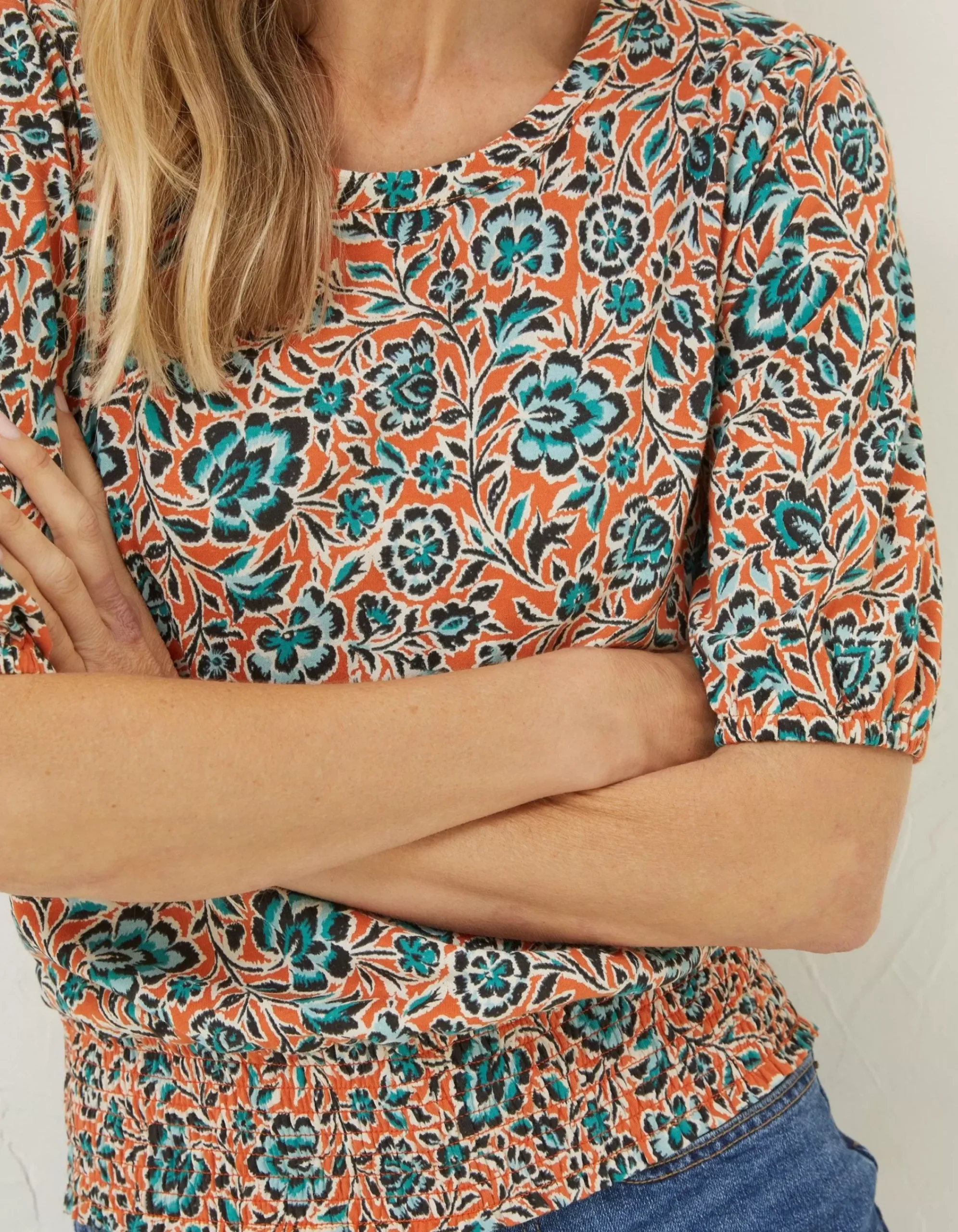 FatFace Perrie Sketch Floral Top Orange Outlet