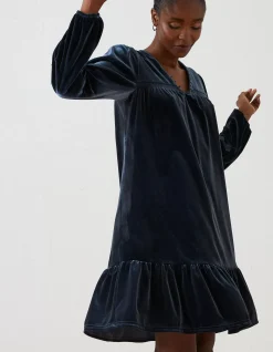 FatFace Poplar Velvet Swing Dress Dark Navy New