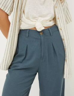 FatFace Portloe Linen Blend Trousers Teal Blue Outlet