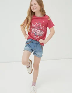 FatFace Rainbow Embroidered Denim Shorts Denim Blue Hot