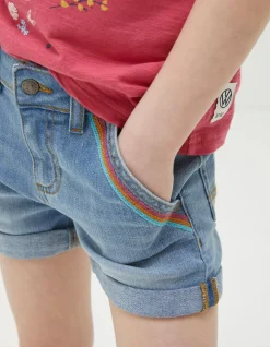 FatFace Rainbow Embroidered Denim Shorts Denim Blue Hot