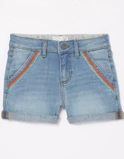 FatFace Rainbow Embroidered Denim Shorts Denim Blue Hot