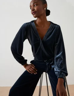 FatFace Reese Velvet Wrap Top Dark Navy Clearance