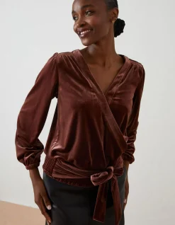 FatFace Reese Velvet Wrap Top Rust Brown New