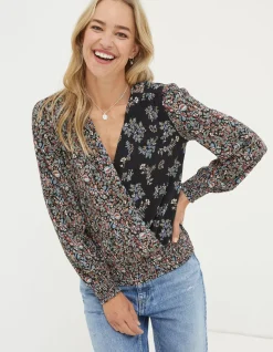 FatFace Remi Craft Floral Wrap Top Black