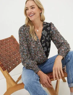 FatFace Remi Craft Floral Wrap Top Black