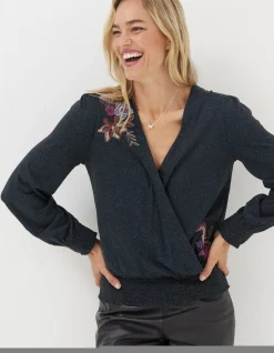 FatFace Remi Embroidered Dotted Floral Top Black Sale