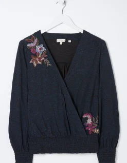 FatFace Remi Embroidered Dotted Floral Top Black Sale