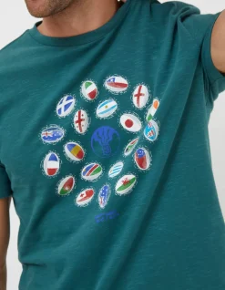 FatFace Rugby Ball Flags T-Shirt Jade Green Discount