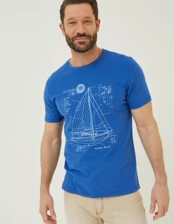 FatFace Sail Boat Sketch T-Shirt Cobalt Blue Hot
