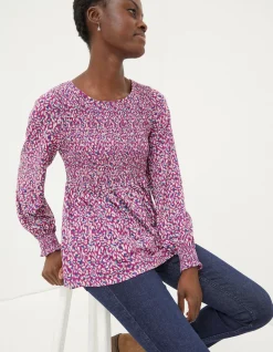 FatFace Sara Animal Texture Top Fushia New