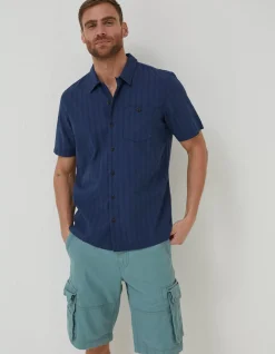 FatFace Self Stripe Revere Shirt Navy Sale