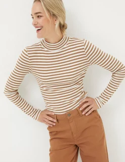 FatFace Selina Stripe Roll Neck Top Tan Discount