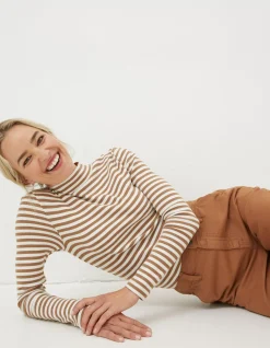 FatFace Selina Stripe Roll Neck Top Tan Discount