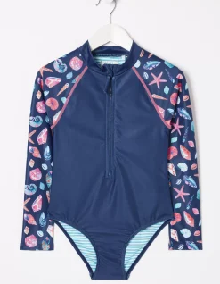 FatFace Shell Print Long Sleeve Swimsuit Navy Discount
