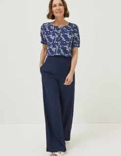 FatFace Shirred Plain Palazzo Trousers Navy Clearance