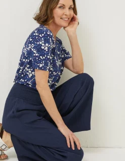 FatFace Shirred Plain Palazzo Trousers Navy Clearance