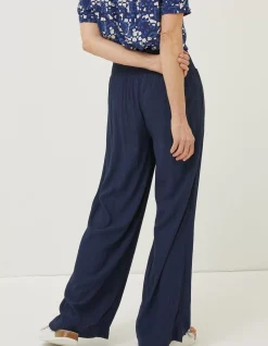 FatFace Shirred Plain Palazzo Trousers Navy Clearance
