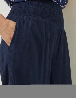 FatFace Shirred Plain Palazzo Trousers Navy Clearance
