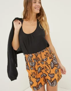 FatFace Shirred Vine Floral Shorts Golden Yellow Clearance