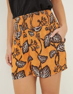 FatFace Shirred Vine Floral Shorts Golden Yellow Clearance