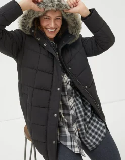 FatFace Sienna Quilted Mid Length Coat Black Hot