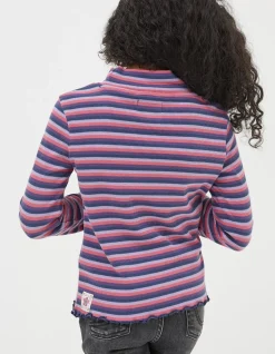 FatFace Stripe Rollneck Jersey T-Shirt Pink Discount