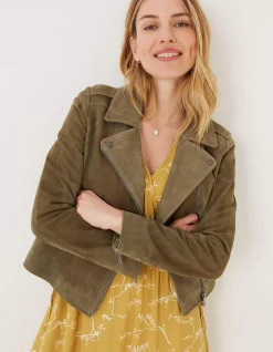 FatFace Suzie Suede Biker Jacket Mid Green Hot