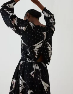 FatFace Swallow Print Elaine Midi Dress Black Outlet