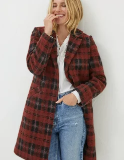 FatFace Tanya Wool Blend Check Coat Rust Red Sale