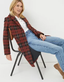 FatFace Tanya Wool Blend Check Coat Rust Red Sale