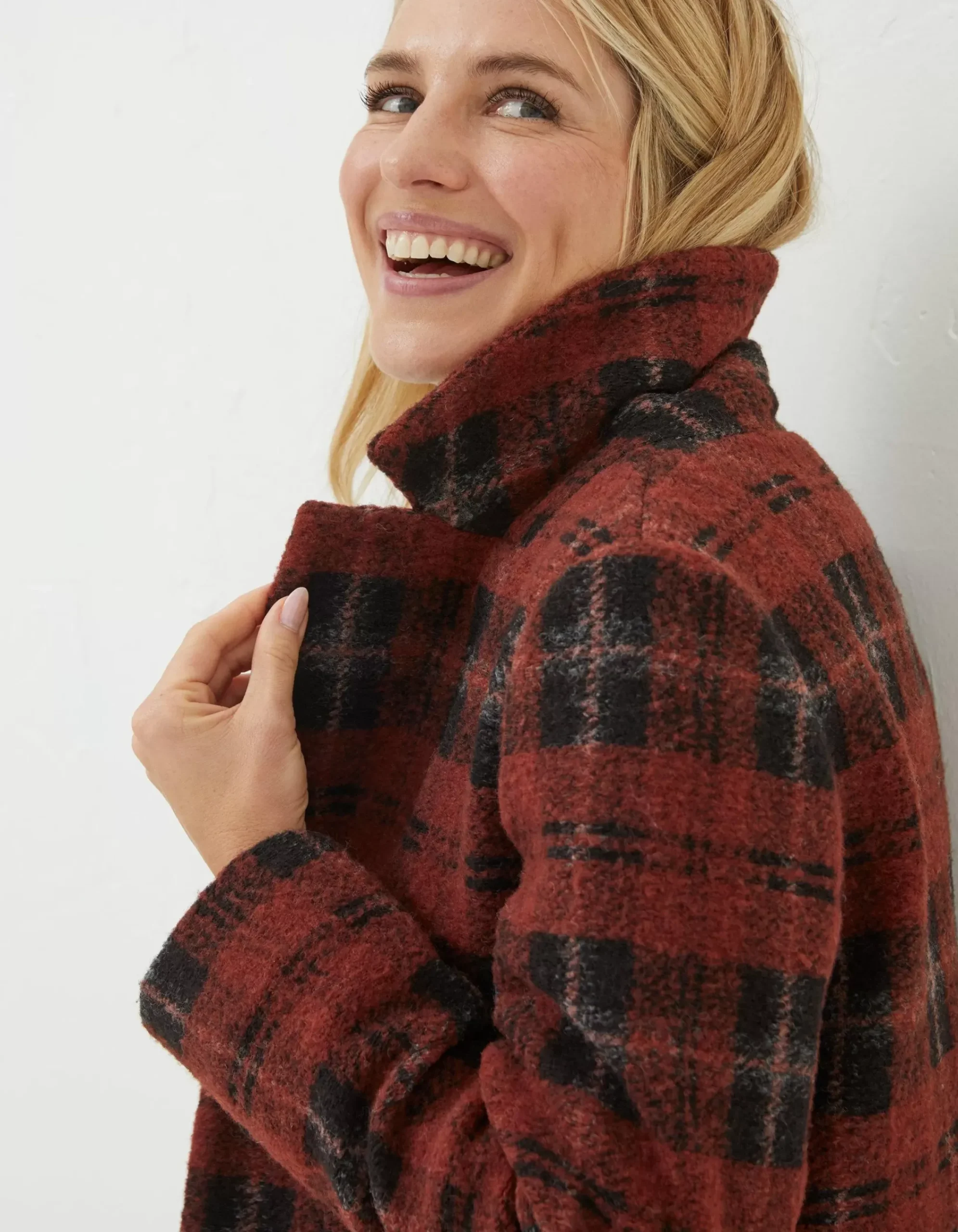 FatFace Tanya Wool Blend Check Coat Rust Red Sale