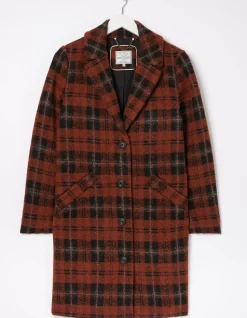 FatFace Tanya Wool Blend Check Coat Rust Red Sale