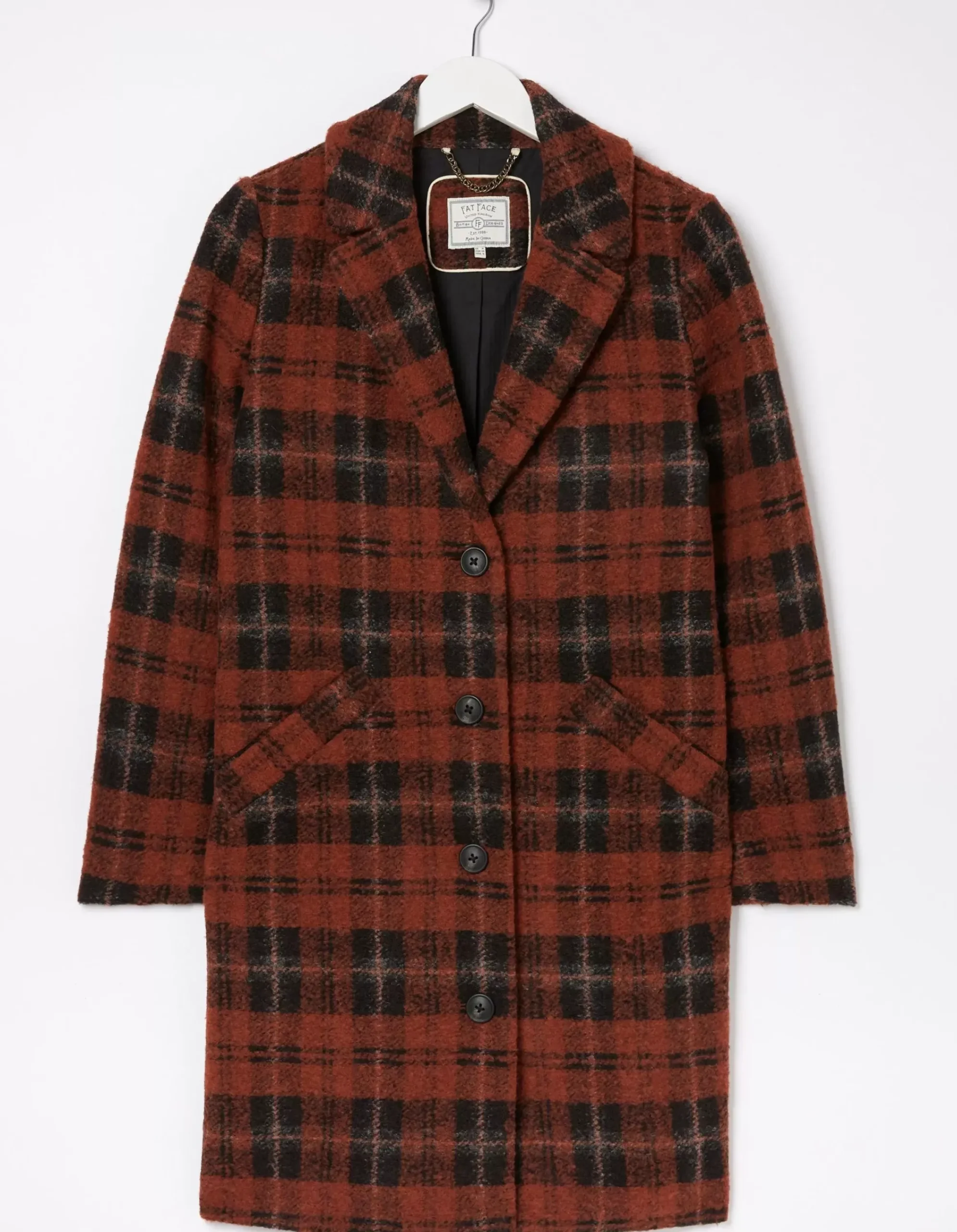 FatFace Tanya Wool Blend Check Coat Rust Red Sale