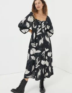 FatFace Tessa Twilight Leaves Midi Dress Black New