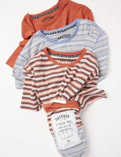 FatFace Three Pack Stripe T-Shirts Rust Red New