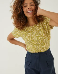 FatFace Tie Back Paint Linen T-Shirt Light Olive Clearance